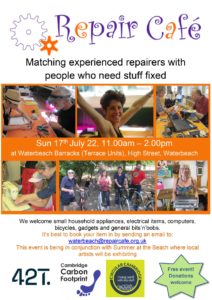 Waterbeach Repair Cafe advertisement poster for 18 July 2022