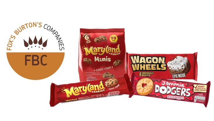 Fox's Burton's Companies logo alongside Burton's Foods biscuit selection including Maryland Minis, Jammie Dodgers, Wagon Wheels and Maryland cookies